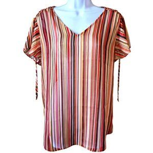 Tahari Blouse Ruffled Flutter Sleeves V-Neck Top Gold Multicolor Women's M